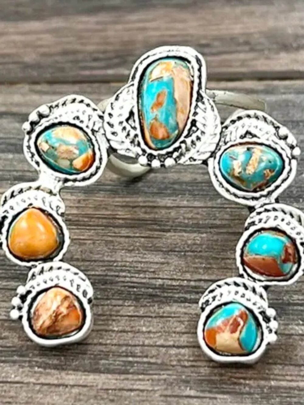 Western Multicolor Turquoise Horseshoe Ring Adjustable Southwestern Boho Ring